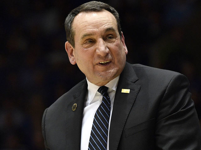 DURHAM, NORTH CAROLINA - MARCH 07: Head coach Mike Krzyzewski of the Duke Blue Devils reacts during the second half of their game against the North Carolina Tar Heels at Cameron Indoor Stadium on March 07, 2020 in Durham, North Carolina. Duke won 89-76.