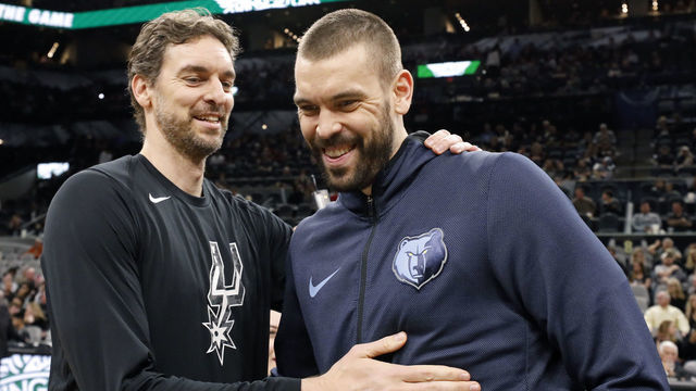 SAN ANTONIO, TX - JANUARY 5: Pau Gasol #16 of the San Antonio Spurs talks with his brother Marc Gasol #33 of the Memphis Grizzlies before an NBA game held January 5, 2019 at the AT&T Center in San Antonio, Texas.