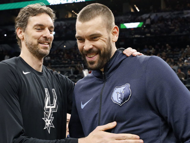 SAN ANTONIO, TX - JANUARY 5: Pau Gasol #16 of the San Antonio Spurs talks with his brother Marc Gasol #33 of the Memphis Grizzlies before an NBA game held January 5, 2019 at the AT&T Center in San Antonio, Texas.