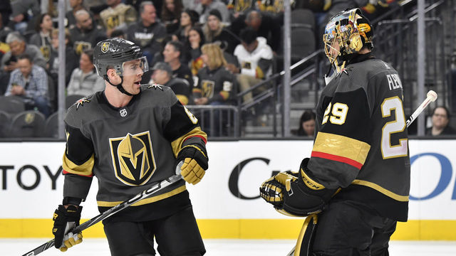 LAS VEGAS, NEVADA - MARCH 01: Jonathan Marchessault #81 and Marc-Andre Fleury #29 of the Vegas Golden Knights talk during a stoppage in play during the second period against the Los Angeles Kings at T-Mobile Arena on March 01, 2020 in Las Vegas, Nevada.