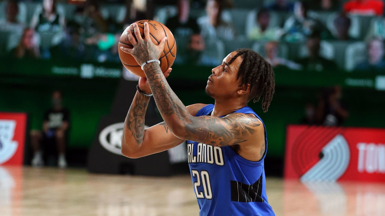 Orlando, FL - AUGUST 29: Markelle Fultz #20 of the Orlando Magic shoots a three point basket during the game against the Milwaukee Bucks during Round One Game Five of the NBA Playoffs on August 29, 2020 at The AdventHealth Arena at ESPN Wide World Of Sports Complex in Orlando, Florida. NOTE TO USER: User expressly acknowledges and agrees that, by downloading and/or using this Photograph, user is consenting to the terms and conditions of the Getty Images License Agreement. Mandatory Copyright Notice: Copyright 2020 NBAE