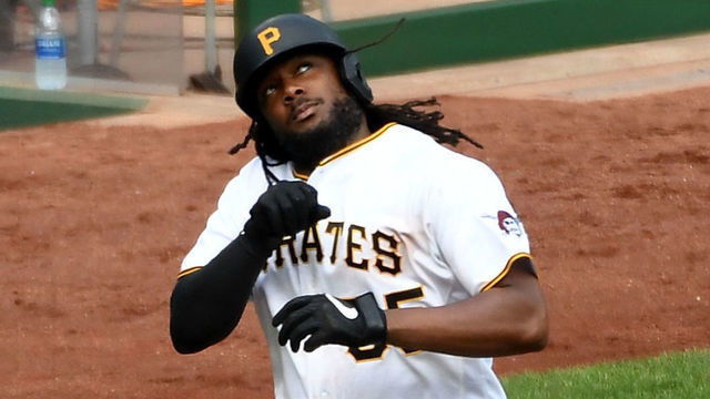 PITTSBURGH, PA - SEPTEMBER 24: Josh Bell #55 of the Pittsburgh Pirates reacts as he rounds the bases after hitting a two run home run in the fifth inning during the game against the Chicago Cubs at PNC Park on September 24, 2020 in Pittsburgh, Pennsylvania.