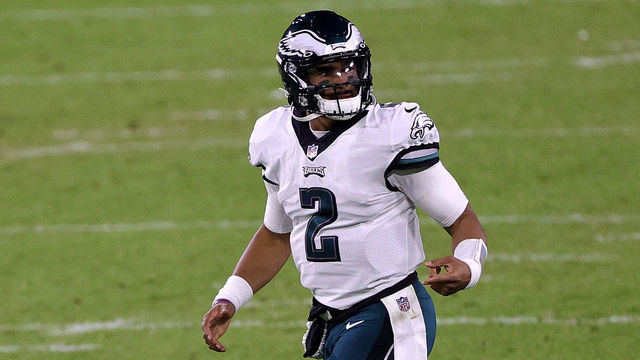 GREEN BAY, WISCONSIN - DECEMBER 06: Jalen Hurts #2 of the Philadelphia Eagles looks to the sideline during a game against the Green Bay Packers at Lambeau Field on December 06, 2020 in Green Bay, Wisconsin. The Packers defeated the Eagles 30-16.