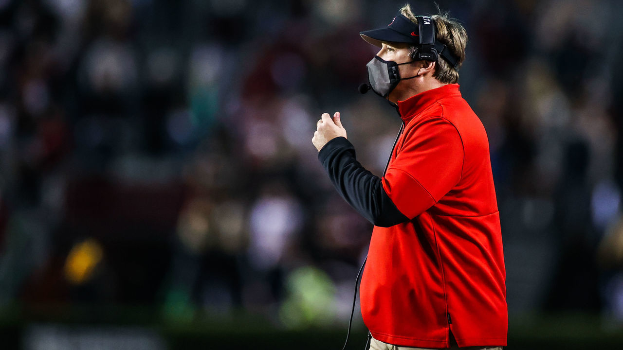 COLUMBIA, SC - NOVEMBER 28: Head coach Kirby Smart of the Georgia Bulldogs looks on from the sidelines against the South Carolina Gamecocks at Williams-Brice Stadium on November 28, 2020 in Columbia, South Carolina.