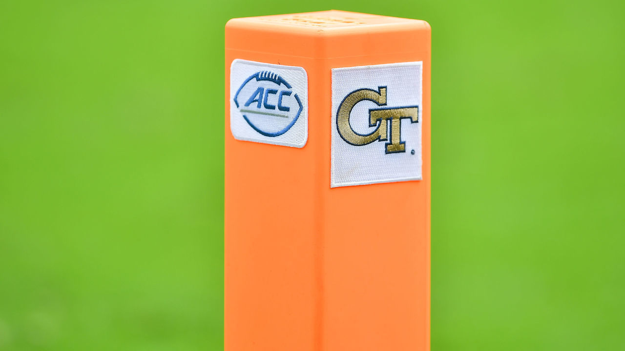 ATLANTA, GA SEPTEMBER 14: A pylon with the ACC and Georgia Tech logos during the NCAA football game between The Citadel Bulldogs and the Georgia Tech Yellow Jackets on September 14th, 2019 at Bobby Dodd Stadium in Atlanta, GA.