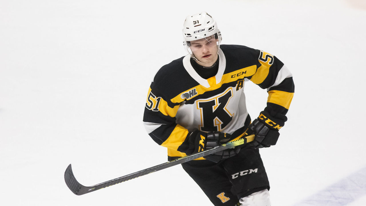 OSHAWA, ON - FEBRUARY 12: Shane Wright #51 of the Kingston Frontenacs skates during an OHL game against the Oshawa Generals at the Tribute Communities Centre on February 12, 2020 in Oshawa, Ontario, Canada.