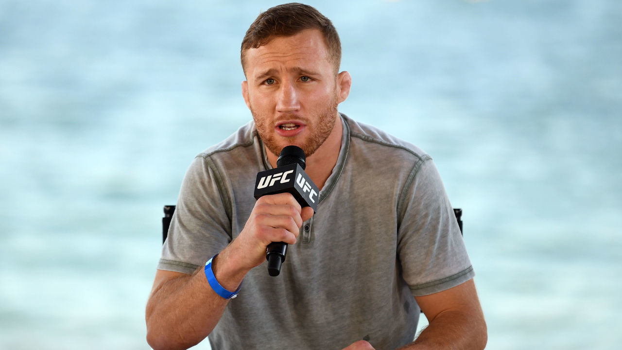 ABU DHABI, UNITED ARAB EMIRATES - OCTOBER 21: Justin Gaethje interacts with media during the UFC 254 press conference at Yas Beach on October 21, 2020 on UFC Fight Island, Abu Dhabi, United Arab Emirates.