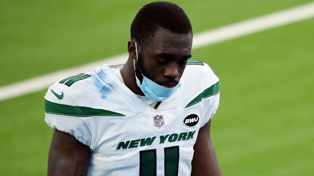 INGLEWOOD, CALIFORNIA - NOVEMBER 22: Denzel Mims #11 of the New York Jets walks off the field after the game against the Los Angeles Chargers at SoFi Stadium on November 22, 2020 in Inglewood, California.
