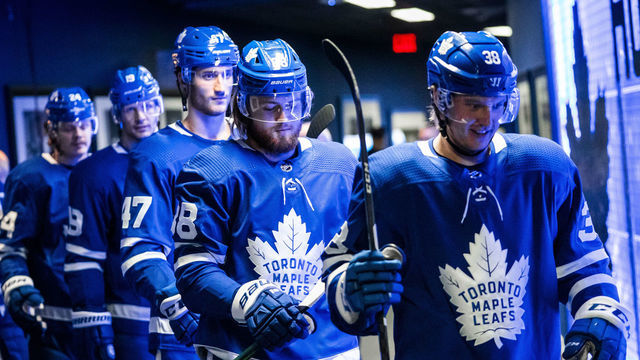 TORONTO, ON - MARCH 10: Pierre Engvall #47, William Nylander #88 and Rasmus Sandin #38 of the Toronto Maple Leafs walk out of the dressing room to play against the Tampa Bay Lightning at the Scotiabank Arena on March 10, 2020 in Toronto, Ontario, Canada.