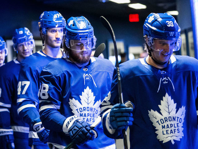 TORONTO, ON - MARCH 10: Pierre Engvall #47, William Nylander #88 and Rasmus Sandin #38 of the Toronto Maple Leafs walk out of the dressing room to play against the Tampa Bay Lightning at the Scotiabank Arena on March 10, 2020 in Toronto, Ontario, Canada.