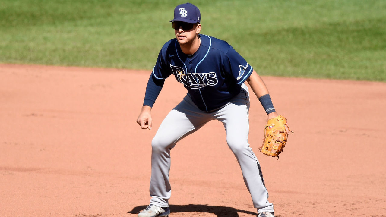 BALTIMORE, MD - SEPTEMBER 20: Nate Lowe #35 of the Tampa Bay Rays plays first base against the Baltimore Orioles at Oriole Park at Camden Yards on September 20, 2020 in Baltimore, Maryland.