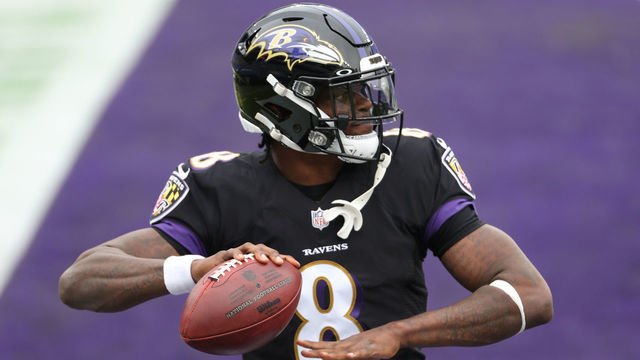 BALTIMORE, MARYLAND - NOVEMBER 22: Quarterback Lamar Jackson #8 of the Baltimore Ravens throws the ball before playing the against the Tennessee Titans at M&T Bank Stadium on November 22, 2020 in Baltimore, Maryland.