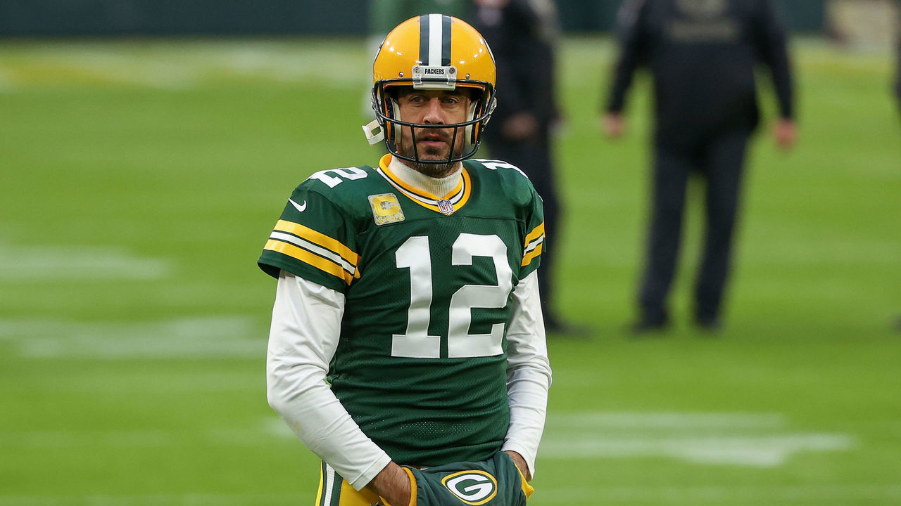 GREEN BAY, WISCONSIN - NOVEMBER 15: Aaron Rodgers #12 of the Green Bay Packers warms up before the game against the Jacksonville Jaguars at Lambeau Field on November 15, 2020 in Green Bay, Wisconsin.