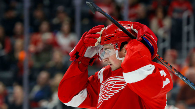 DETROIT, MI - FEBRUARY 03: Detroit Red Wings forward Dylan Larkin (71) adjusts his helmet during a regular season NHL hockey game between the Philadelphia Flyers and the Detroit Red Wings on January 3, 2020, at Little Caesars Arena in Detroit, Michigan.