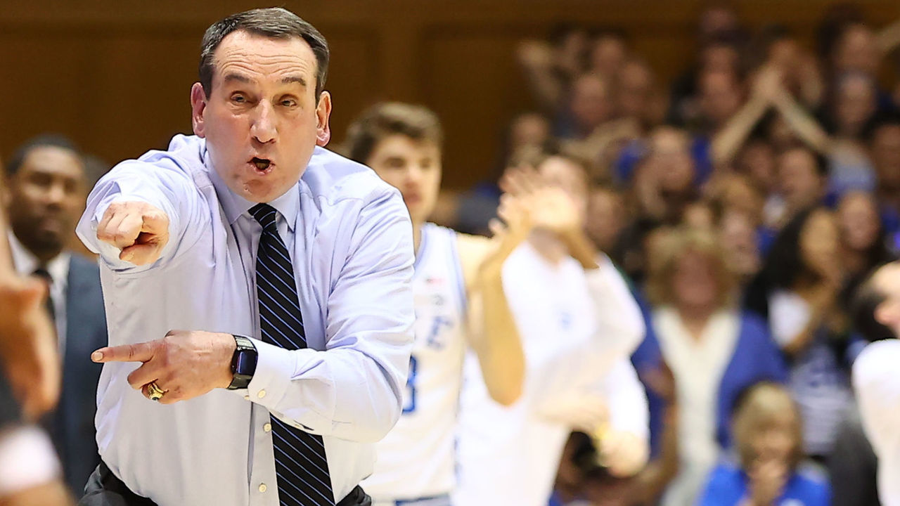 DURHAM, NC - MARCH 02: Duke Blue Devils head coach Mike Krzyzewski reacts during the 2nd half of the Duke Blue Devils game versus the NC State Wolfpack on March 2nd, 2020 at Cameron Indoor Stadium in Durham, NC.
