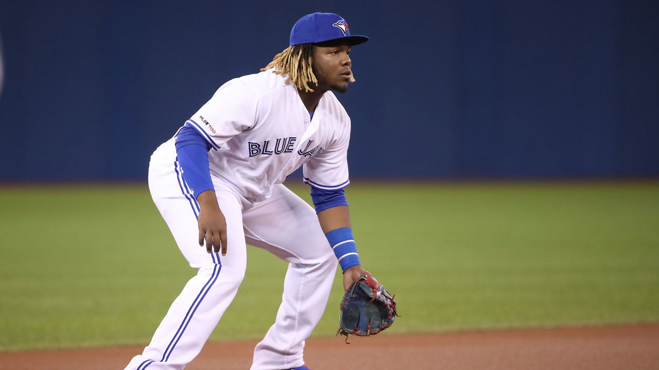 TORONTO, ON - APRIL 26: Vladimir Guerrero Jr. #27 of the Toronto Blue Jays gets ready to field his position at third base during MLB game action against the Oakland Athletics at Rogers Centre on April 26, 2019 in Toronto, Canada.