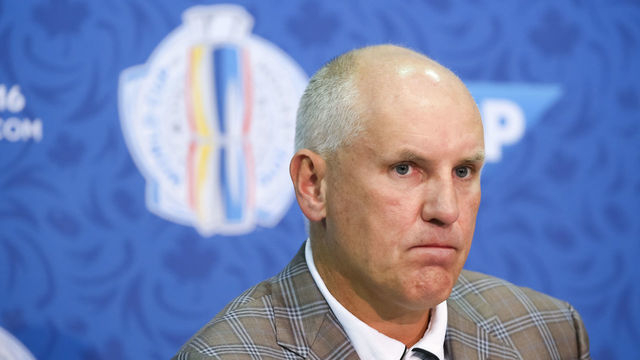 TORONTO, ON - SEPTEMBER 15: Team Canada General Manager Doug Armstrong takes questions during media day at the World Cup of Hockey 2016 at Air Canada Centre on September 15, 2016 in Toronto, Ontario, Canada.