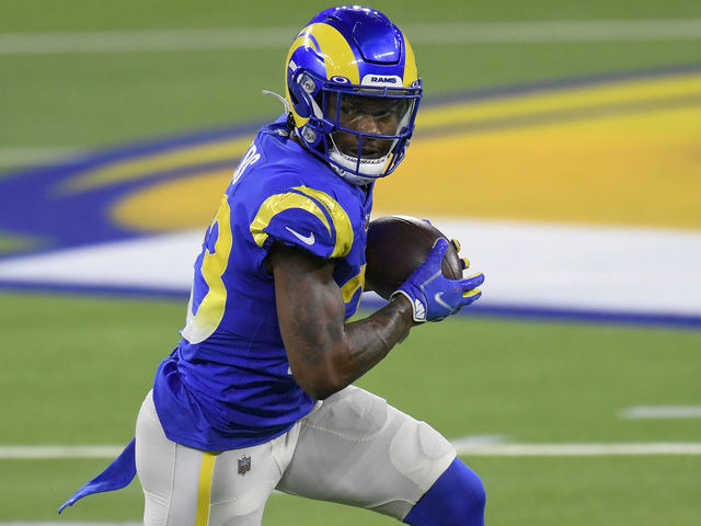 INGLEWOOD, CALIFORNIA - DECEMBER 10: Cam Akers #23 of the Los Angeles Rams makes a reception during the first quarter against the New England Patriots in the game at SoFi Stadium on December 10, 2020 in Inglewood, California.