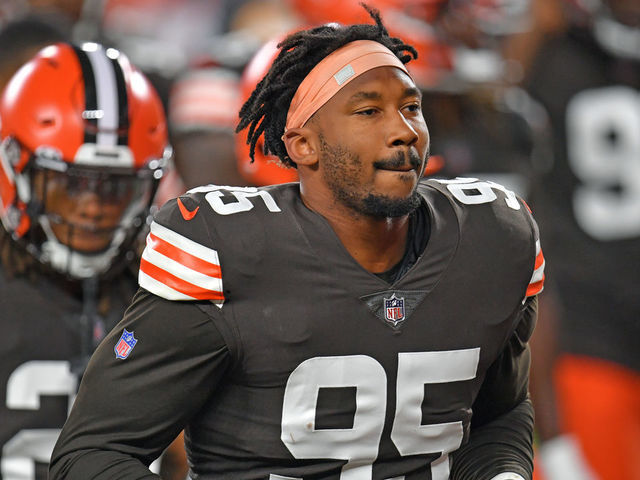 Cleveland Browns defensive end Myles Garrett (95) runs on the field during  an NFL football game