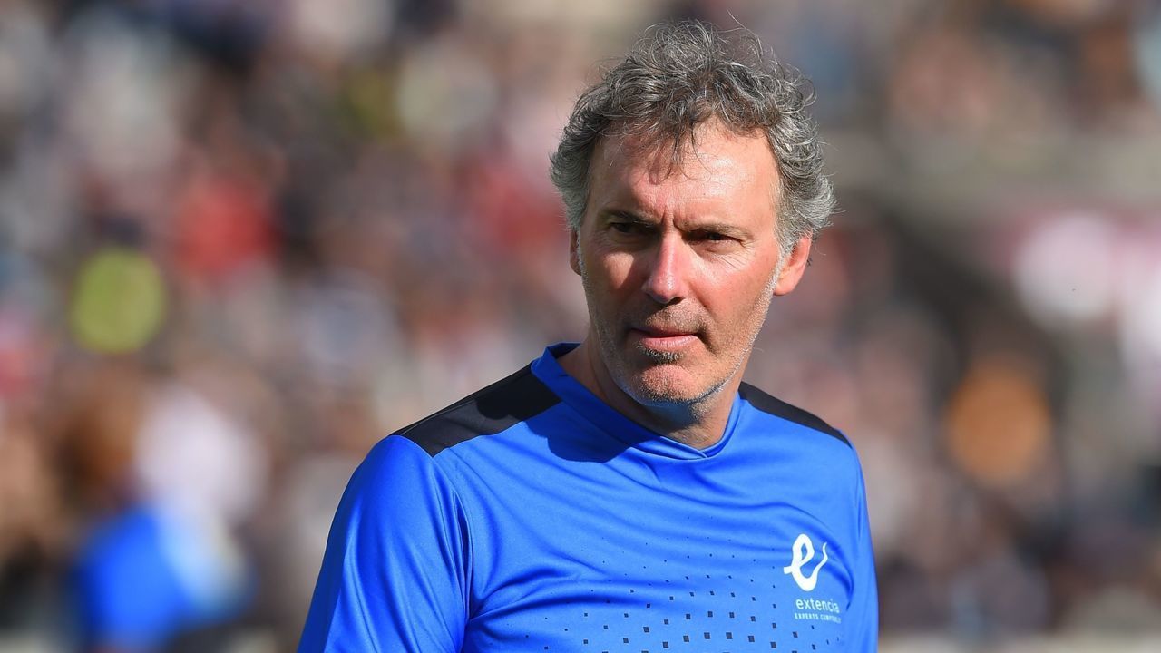 Former French football player Laurent Blanc looks on prior to a friendly football and rugby union match between former French football stars and former French rugby players.