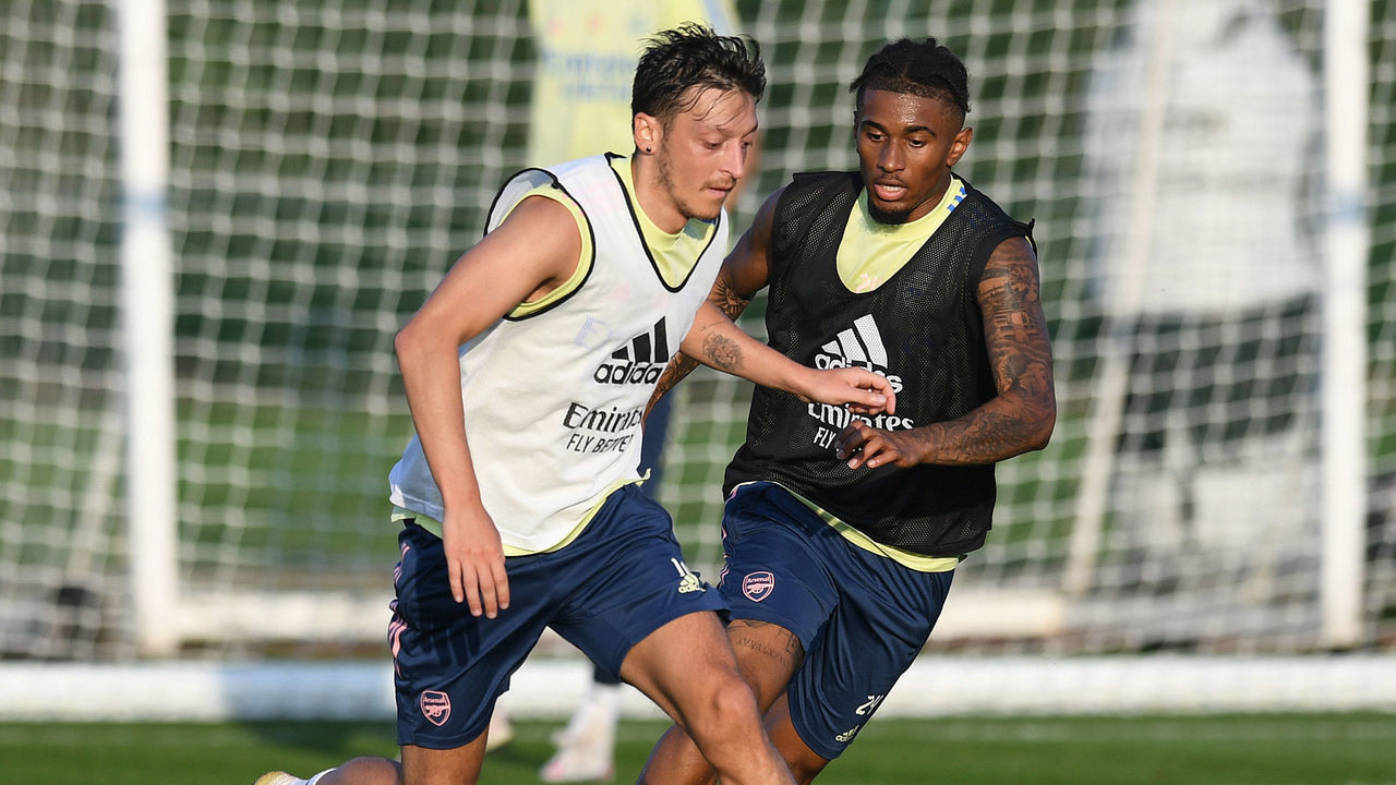 ST ALBANS, ENGLAND - SEPTEMBER 21: (L-R) Mesut Ozil and Resiss Nelson of Arsenal during a training session at London Colney on September 21, 2020 in St Albans, England.
