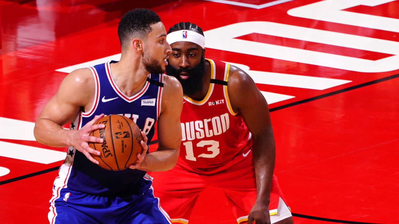 HOUSTON, TX - JANUARY 3: Ben Simmons #25 of the Philadelphia 76ers posts up on James Harden #13 of the Houston Rockets on January 3, 2020 at the Toyota Center in Houston, Texas. Mandatory Copyright Notice: Copyright 2020 NBAE