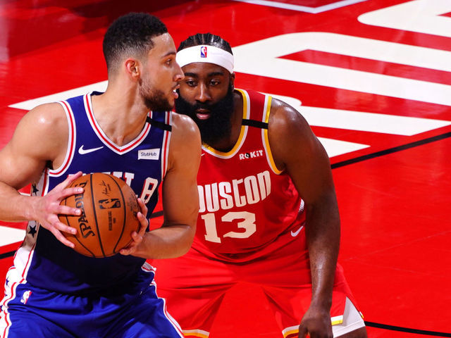 HOUSTON, TX - JANUARY 3: Ben Simmons #25 of the Philadelphia 76ers posts up on James Harden #13 of the Houston Rockets on January 3, 2020 at the Toyota Center in Houston, Texas. Mandatory Copyright Notice: Copyright 2020 NBAE