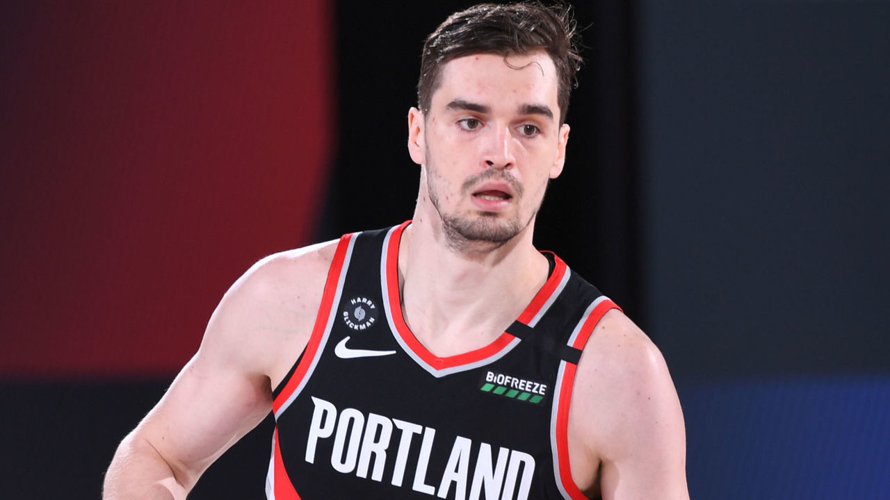 Orlando, FL - AUGUST 11: Mario Hezonja #44 of the Portland Trail Blazers handles the ball against the Dallas Mavericks on August 11, 2020 at The Field House in Orlando, Florida. NOTE TO USER: User expressly acknowledges and agrees that, by downloading and/or using this Photograph, user is consenting to the terms and conditions of the Getty Images License Agreement. Mandatory Copyright Notice: Copyright 2020 NBAE