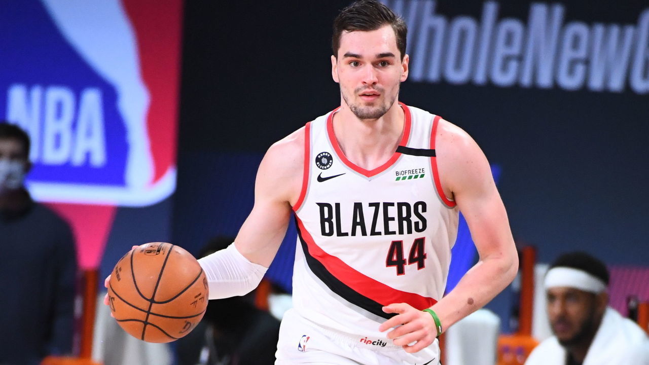 Orlando, FL - AUGUST 24: Mario Hezonja #44 of the Portland Trail Blazers handles the ball during the game against the Los Angeles Lakers during Round One Game Four of the NBA Playoffs on August 24, 2020 at The AdventHealth Arena at ESPN Wide World Of Sports Complex in Orlando, Florida. NOTE TO USER: User expressly acknowledges and agrees that, by downloading and/or using this Photograph, user is consenting to the terms and conditions of the Getty Images License Agreement. Mandatory Copyright Notice: Copyright 2020 NBAE