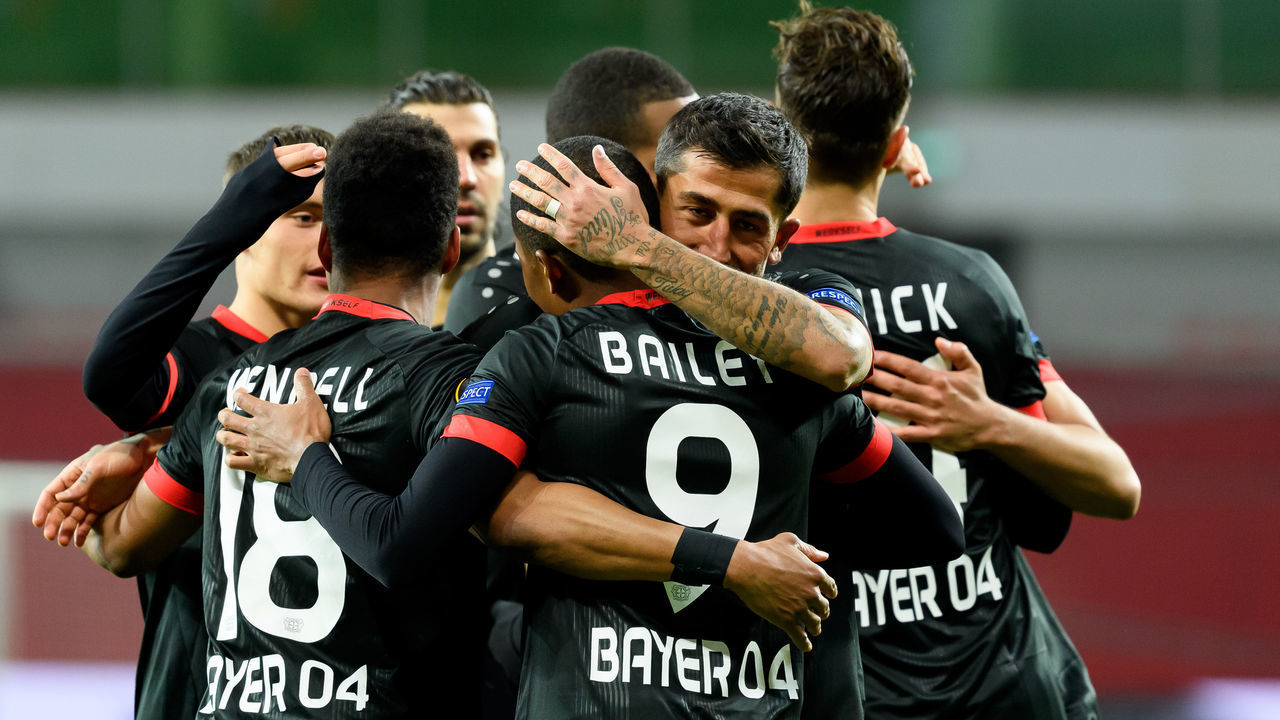 LEVERKUSEN, GERMANY - NOVEMBER 26: (BILD ZEITUNG OUT) Leon Bailey of Bayer 04 Leverkusen celebrates after scoring his team's second goal during the UEFA Europa League Group C stage match between Bayer 04 Leverkusen and Hapoel Be'er Sheva at BayArena on November 26, 2020 in Leverkusen, Germany.
