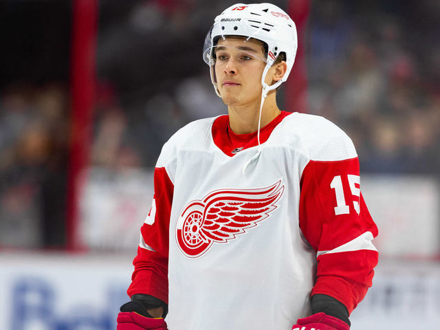 OTTAWA, ON - FEBRUARY 29: Detroit Red Wings Right Wing Dmytro Timashov (15) during warm-up before National Hockey League action between the Detroit Red Wings and Ottawa Senators on February 29, 2020, at Canadian Tire Centre in Ottawa, ON, Canada.