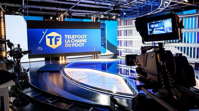 A picture shows a camera and a general of a studio set of new French football television channel Telefoot in Aubervilliers, on the outskirts of Paris, on August 18, 2020. - Telefoot will begin broadcasting on August 21, 2020.