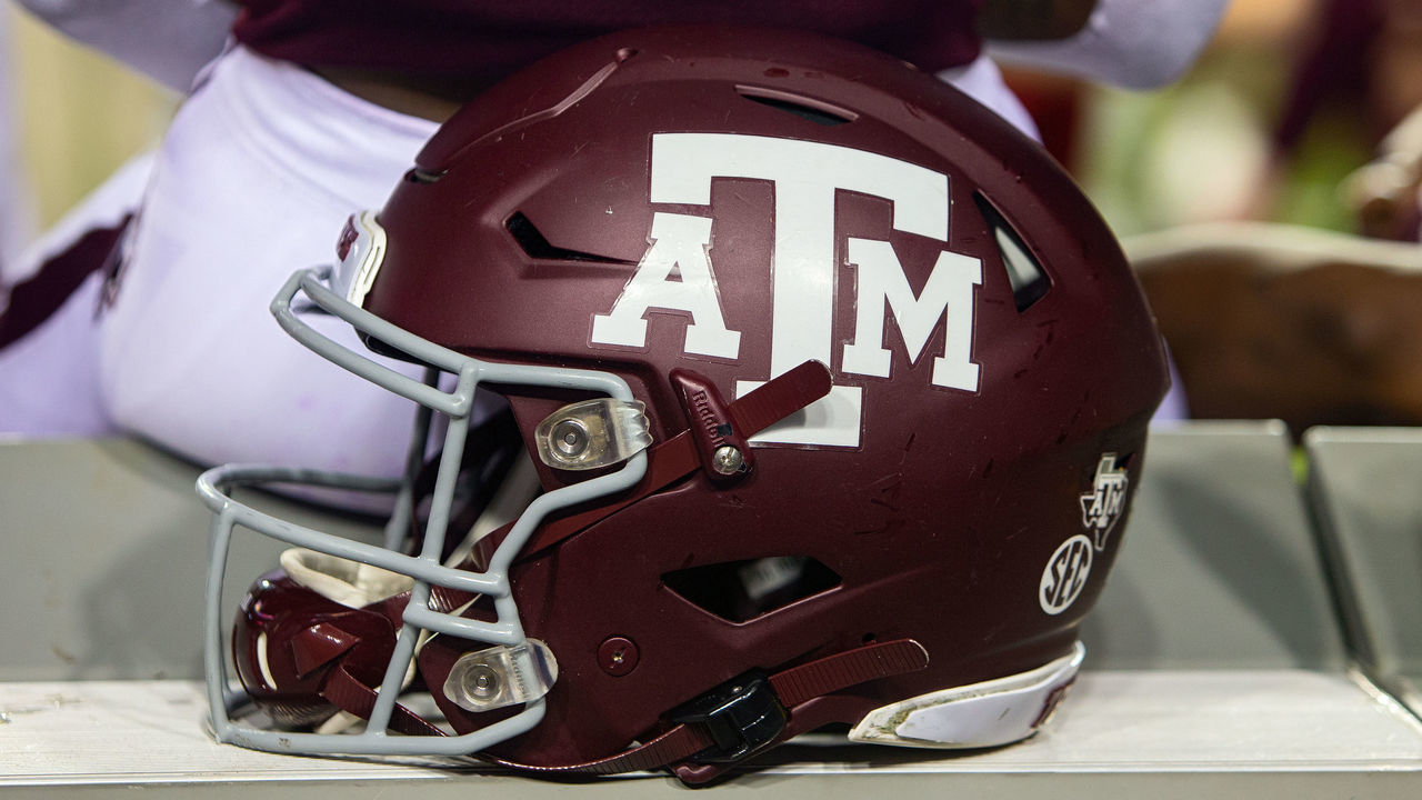 BATON ROUGE, LA - NOVEMBER 30: A Texas A&M helmet rests on the sideline during a game between the LSU Tigers and the Texas A&M Aggies on November 30, 2019, at Tiger Stadium in Baton Rouge, Louisiana..