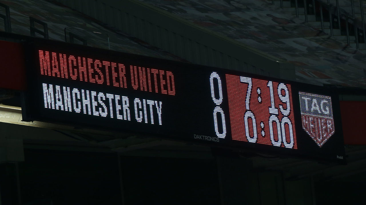 MANCHESTER, ENGLAND - DECEMBER 12: The Scoreboard shows the final score during the Premier League match between Manchester United and Manchester City at Old Trafford on December 12, 2020 in Manchester, England. The match will be played without fans, behind closed doors as a Covid-19 precaution.