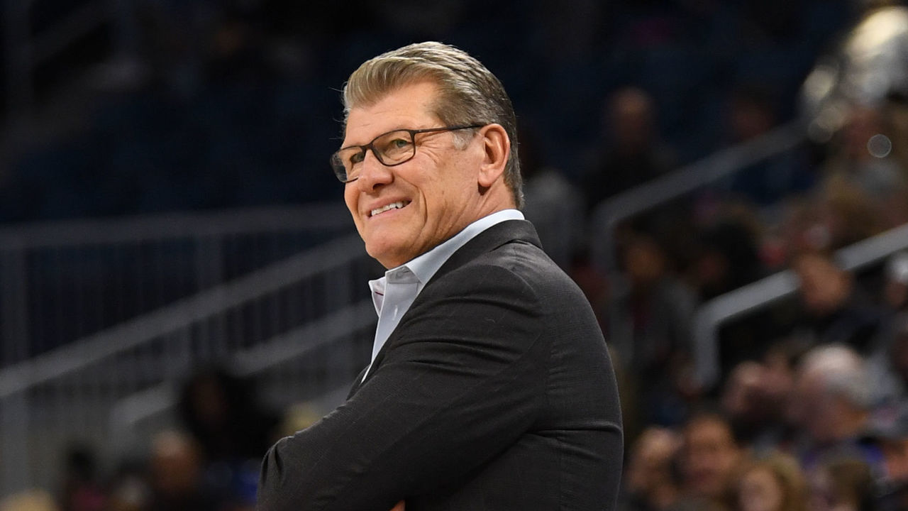 CHICAGO, IL - DECEMBER 08: Connecticut Huskies head coach Geno Auriemma smiles in the second half during a game between the Connecticut Huskies and the DePaul Blue Demons on December 8, 2017, at the Wintrust Arena in Chicago, IL. Connecticut won 101-69.