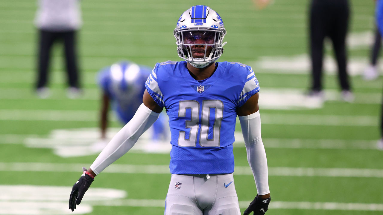 DETROIT, MICHIGAN - NOVEMBER 01: Jeff Okudah #30 of the Detroit Lions warms up prior to the game against the Indianapolis Colts at Ford Field on November 01, 2020 in Detroit, Michigan.