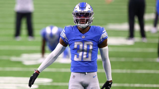 DETROIT, MICHIGAN - NOVEMBER 01: Jeff Okudah #30 of the Detroit Lions warms up prior to the game against the Indianapolis Colts at Ford Field on November 01, 2020 in Detroit, Michigan.