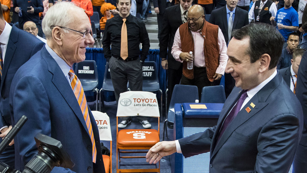 SYRACUSE, NY - FEBRUARY 22: Head coach Jim Boeheim of the Syracuse Orange and head coach Mike Krzyzewski of the Duke Blue Devils shake hands before the game between the Syracuse Orange and the Duke Blue Devils on February 22, 2017 at The Carrier Dome in Syracuse, New York.