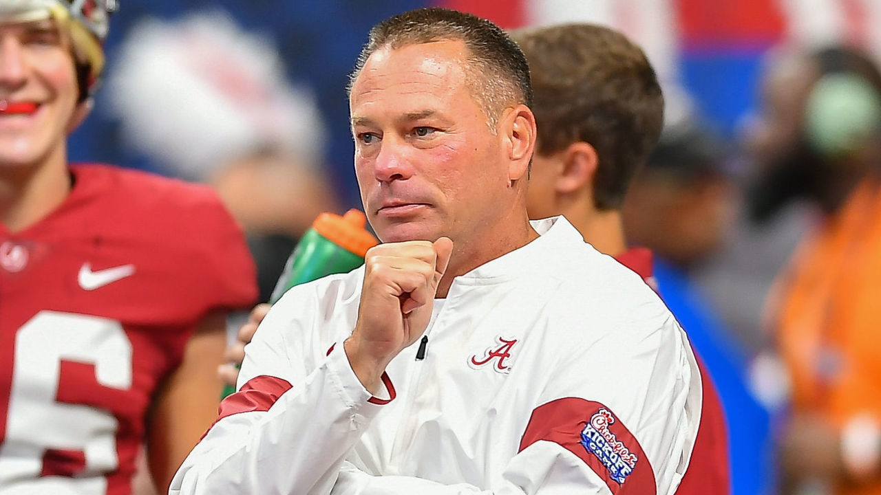 ATLANTA, GA AUGUST 31: Alabama assistant coach Butch Jones looks on prior to the start of the Chick-fil-A Kickoff football game between the Duke Blue Devils and the Alabama Crimson Tide on August 31st, 2019 at Mercedes-Benz Stadium in Atlanta, GA.