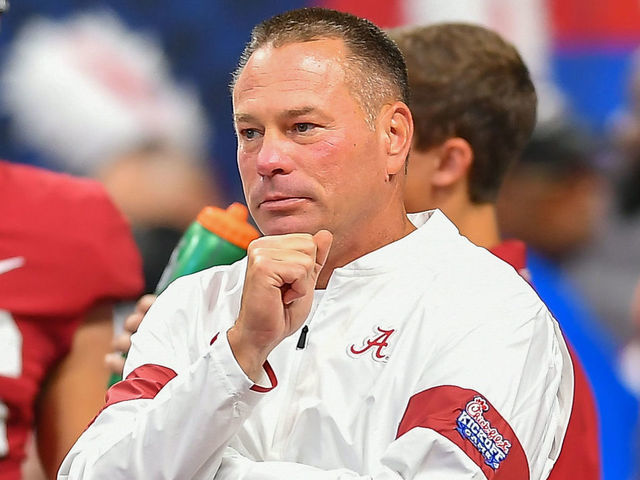 ATLANTA, GA AUGUST 31: Alabama assistant coach Butch Jones looks on prior to the start of the Chick-fil-A Kickoff football game between the Duke Blue Devils and the Alabama Crimson Tide on August 31st, 2019 at Mercedes-Benz Stadium in Atlanta, GA.