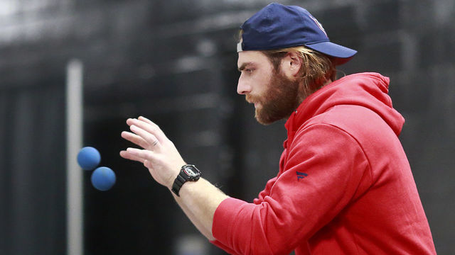 VANCOUVER, BC - OCTOBER 22: Braden Holtby #70 of the Washington Capitals warms up before their NHL game against the Vancouver Canucks at Rogers Arena October 22, 2018 in Vancouver, British Columbia, Canada.