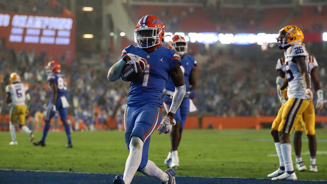GAINESVILLE, FL - DECEMBER 12: Kadarius Toney #1 of the Florida Gators runs in a touchdown against the LSU Tigers at Ben Hill Griffin Stadium on December 12, 2020 in Gainesville, Florida. (Isabella Marley /Collegiate Images/Getty Images)