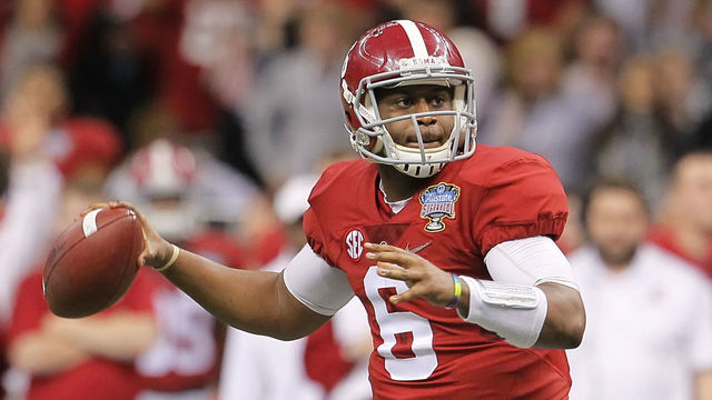 January 1, 2015: Alabama Crimson Tide quarterback Blake Sims (6) drops back to pass during the Ohio State Buckeyes game versus the Alabama Crimson Tide in their College Football Playoff Semifinal played in the Allstate Sugar Bowl at the Mercedes-Benz Superdome in New Orleans, LA. The Ohio State Buckeyes won 42-35.