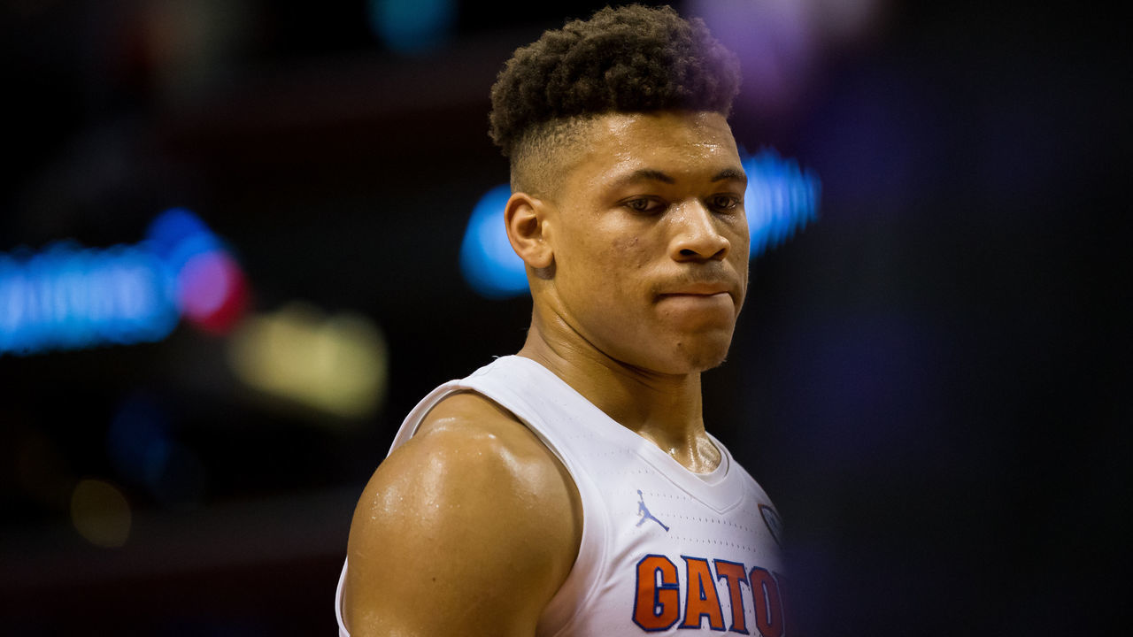 SUNRISE, FL - DECEMBER 21: Florida Gators forward Keyontae Johnson (11) looks on during the Florida Gators game versus the Utah State Aggies on December 21, 2019 at the BB&T Center in Sunrise, FL.