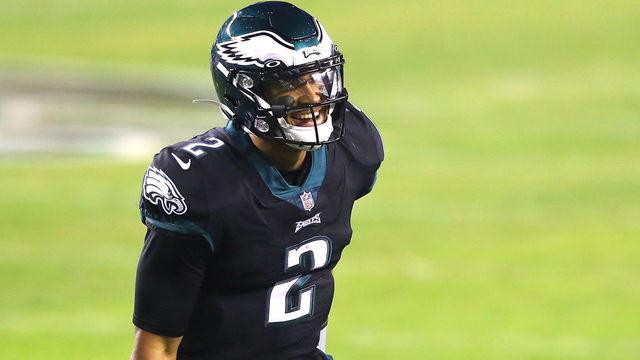 PHILADELPHIA, PENNSYLVANIA - DECEMBER 13: Quarterback Jalen Hurts #2 of the Philadelphia Eagles reacts after throwing a second quarter touchdown pass against the New Orleans Saints at Lincoln Financial Field on December 13, 2020 in Philadelphia, Pennsylvania.