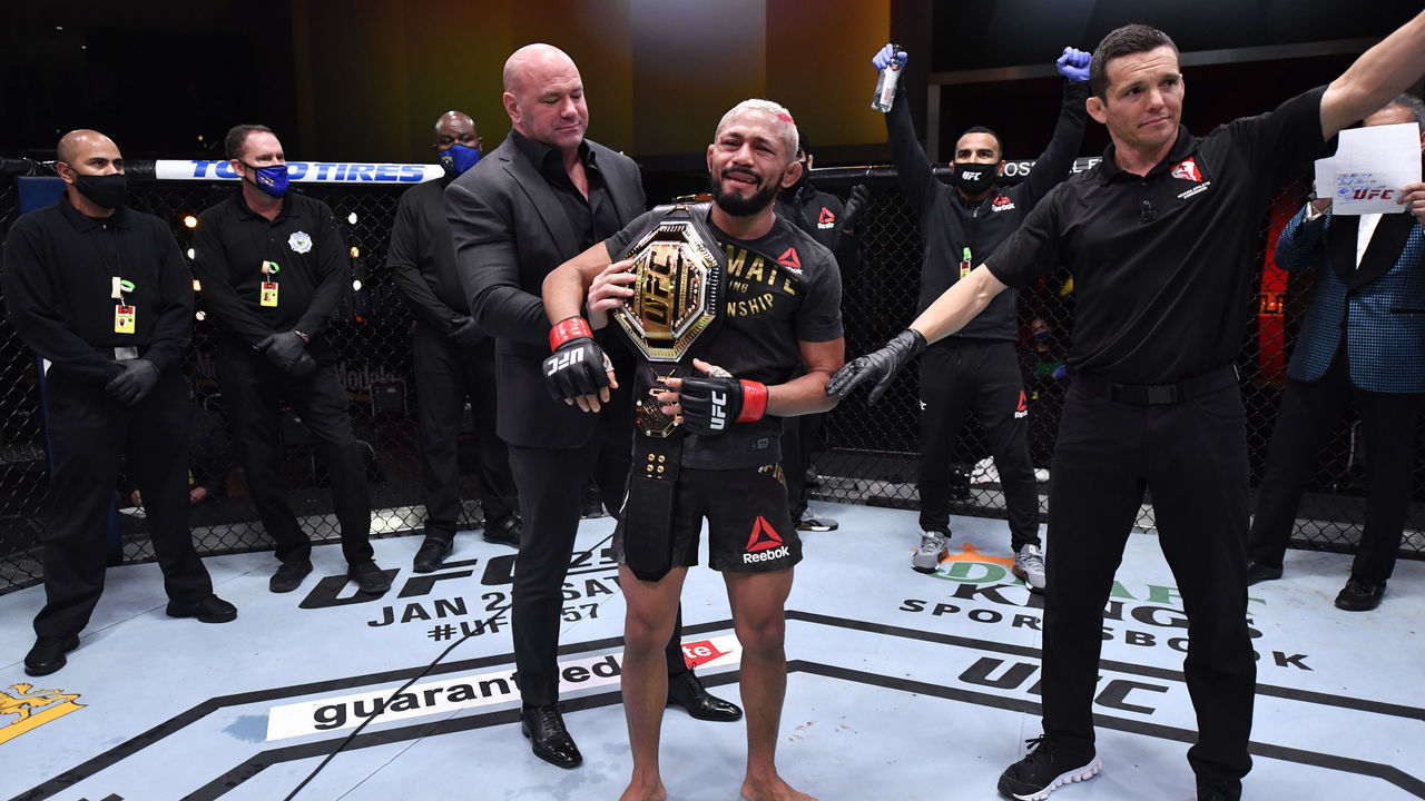 LAS VEGAS, NEVADA - DECEMBER 12: Deiveson Figueiredo of Brazil reacts after his flyweight championship bout was declared a majority draw during the UFC 256 event at UFC APEX on December 12, 2020 in Las Vegas, Nevada.