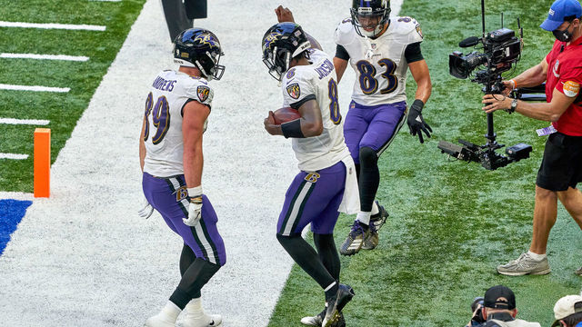 INDIANAPOLIS, IN - NOVEMBER 08: Baltimore Ravens quarterback Lamar Jackson (8) celebrates with Baltimore Ravens wide receiver Willie Snead (83) and Baltimore Ravens tight end Mark Andrews (89) after scoring a touch down in action during a NFL game between the Indianapolis Colts and the Baltimore Ravens on November 08, 2020 at Lucas Oil Stadium in Indianapolis, IN.