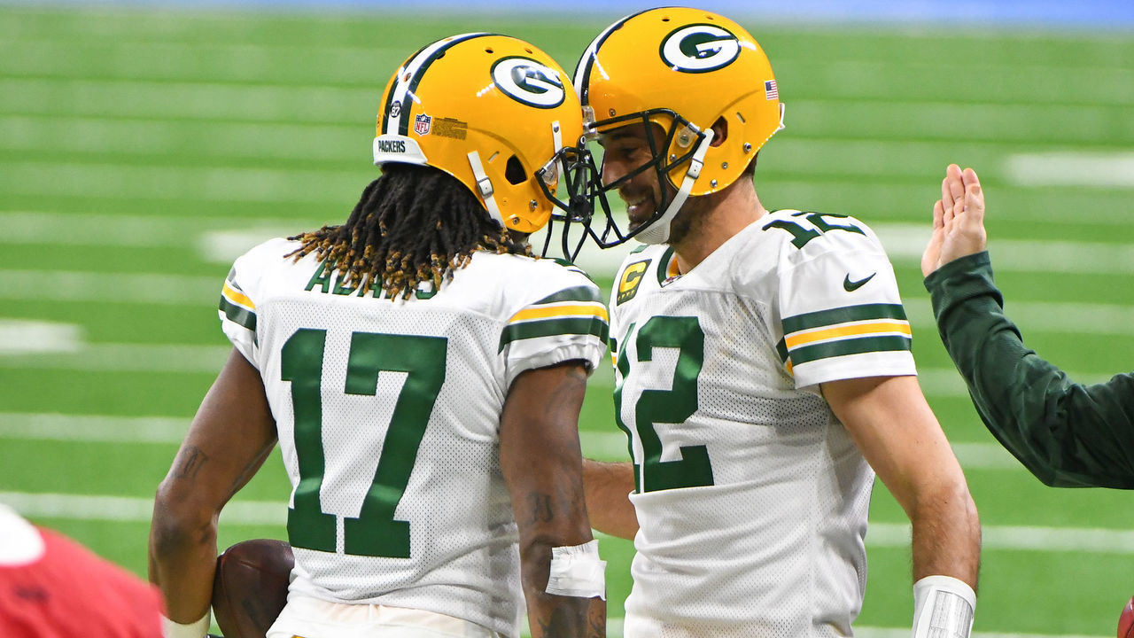 DETROIT, MI - DECEMBER 13: Green Bay Packers wide receiver Davante Adams (17) is congratulated by Green Bay Packers quarterback Aaron Rodgers (12) on his touchdown reception during the Detroit Lions versus Green Bay Packers game on Sunday December 13, 2020 at Ford Field in Detroit, MI.