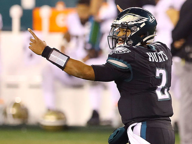 PHILADELPHIA, PENNSYLVANIA - DECEMBER 13: Quarterback Jalen Hurts #2 of the Philadelphia Eagles celebrates after the Eagles scored a second quarter touchdown against the New Orleans Saints at Lincoln Financial Field on December 13, 2020 in Philadelphia, Pennsylvania.