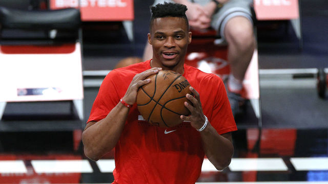 NEW YORK, NEW YORK - DECEMBER 13: Russell Westbrook #4 of the Washington Wizards smiles during warmups before the first half against the Brooklyn Nets at Barclays Center on December 13, 2020 in the Brooklyn borough of New York City.